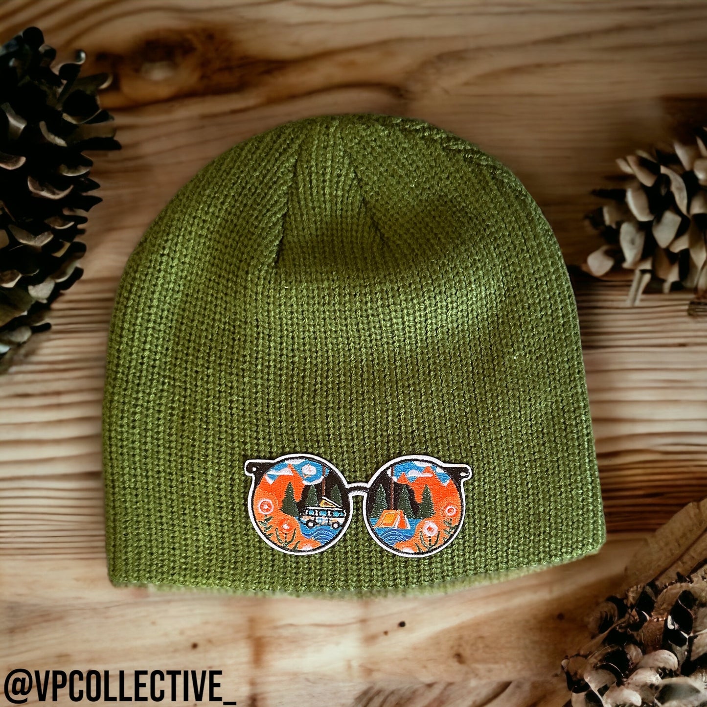 Olive Green Mountain Scene Beanie