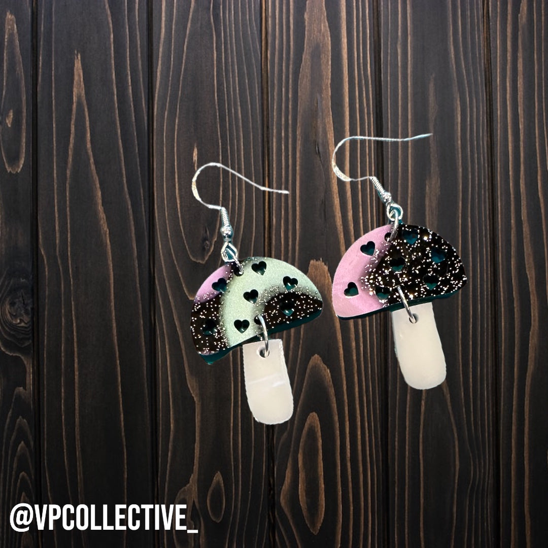Cosmic Bowling Mushroom Dangle Earrings