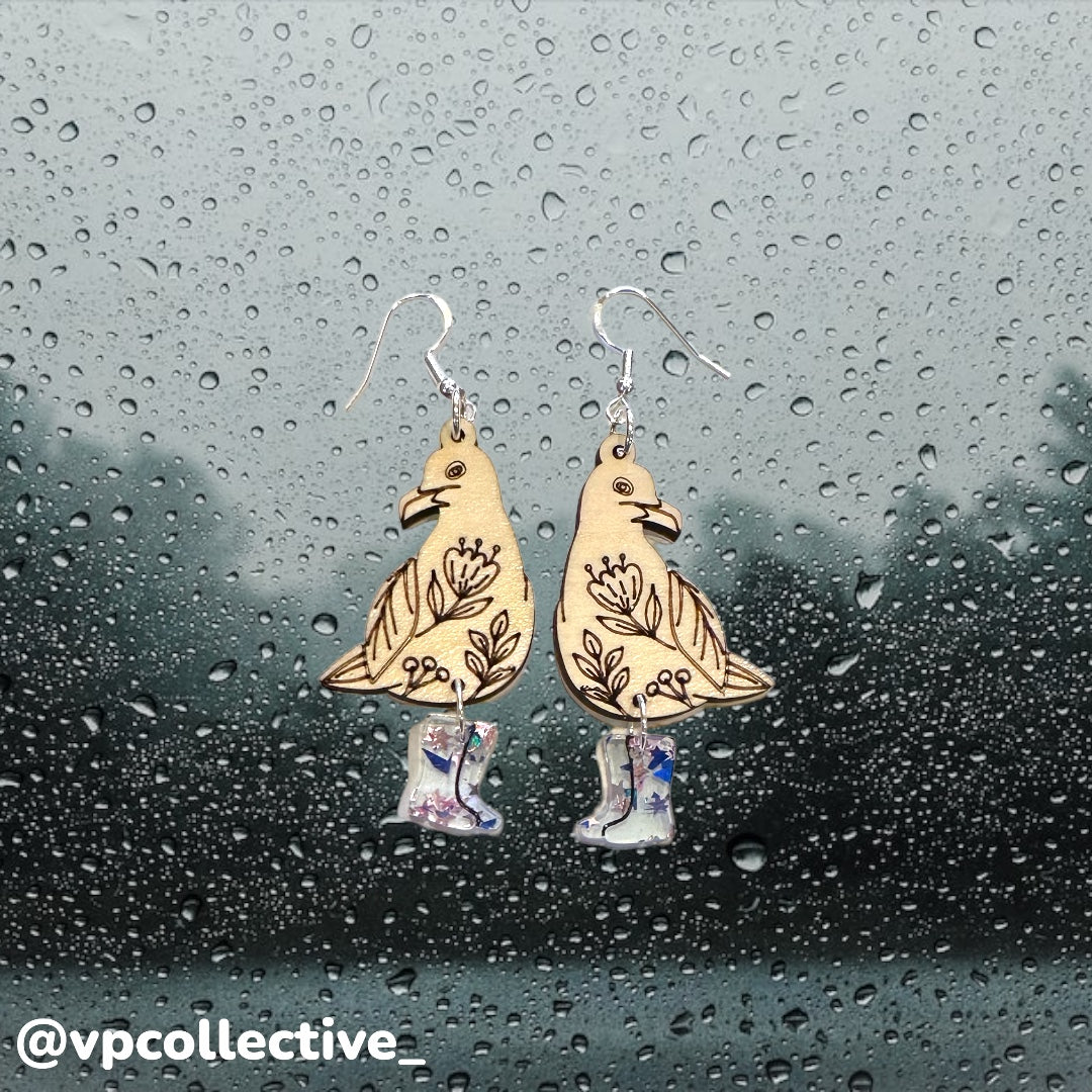 Floral Seagull in Rain Boots Earrings - Patriotic Glitter