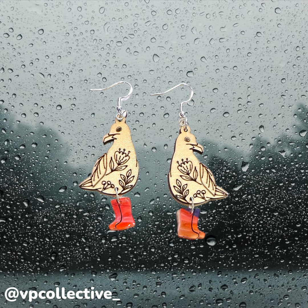 Floral Seagull in Rain Boots Earrings - Desert Fire