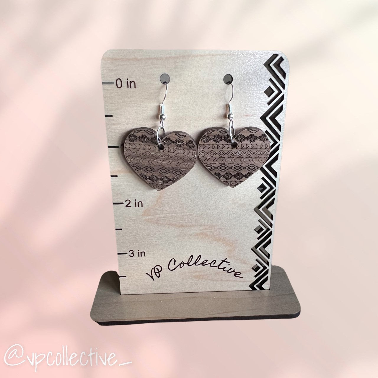 Aztec Engraved Heart Earrings - Walnut