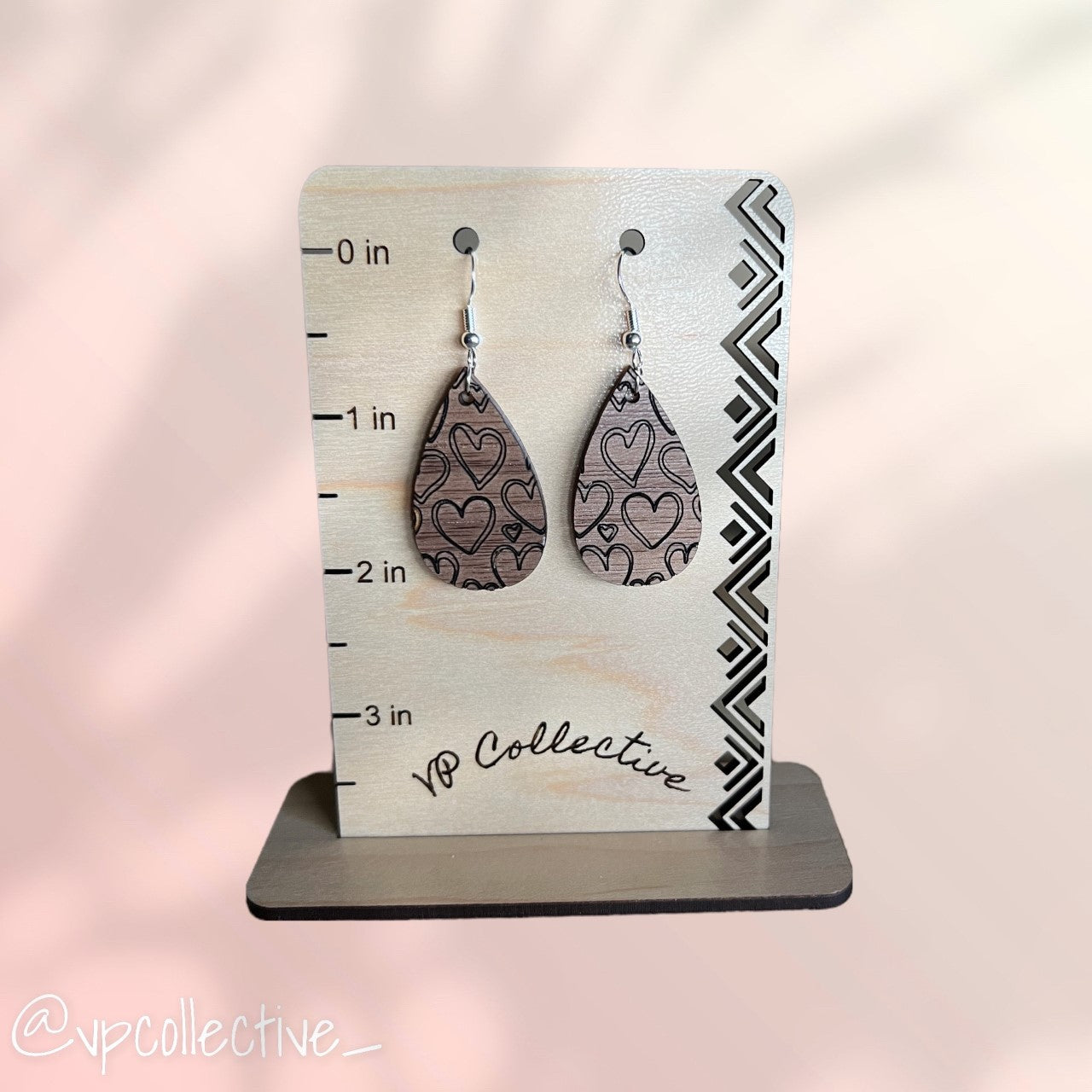 Hand Drawn Hearts Teardrop Earrings - Walnut