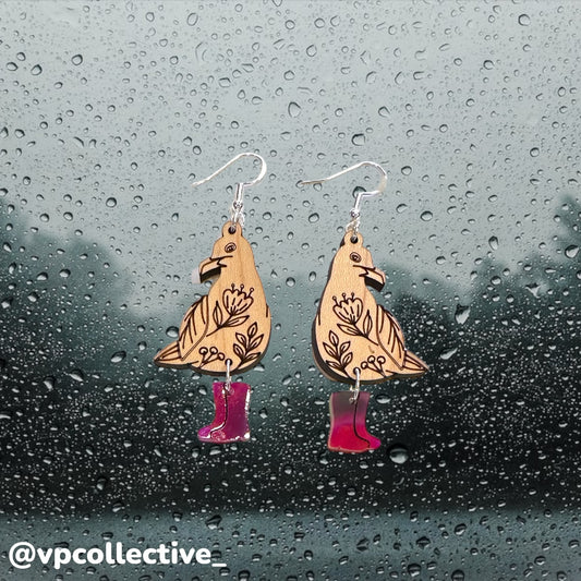 Floral Seagull in Rain Boots Earrings - Magenta Madness