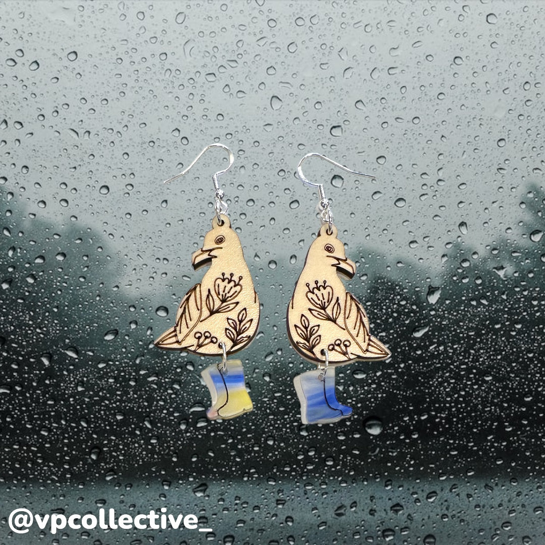 Floral Seagull in Rain Boots Earrings - School Days Scribbles