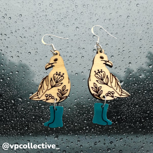Floral Seagull in Rain Boots - Turquoise Earrings