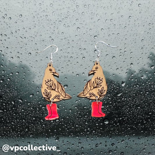 Floral Seagull in Rain Boots Earrings - Neon Pink