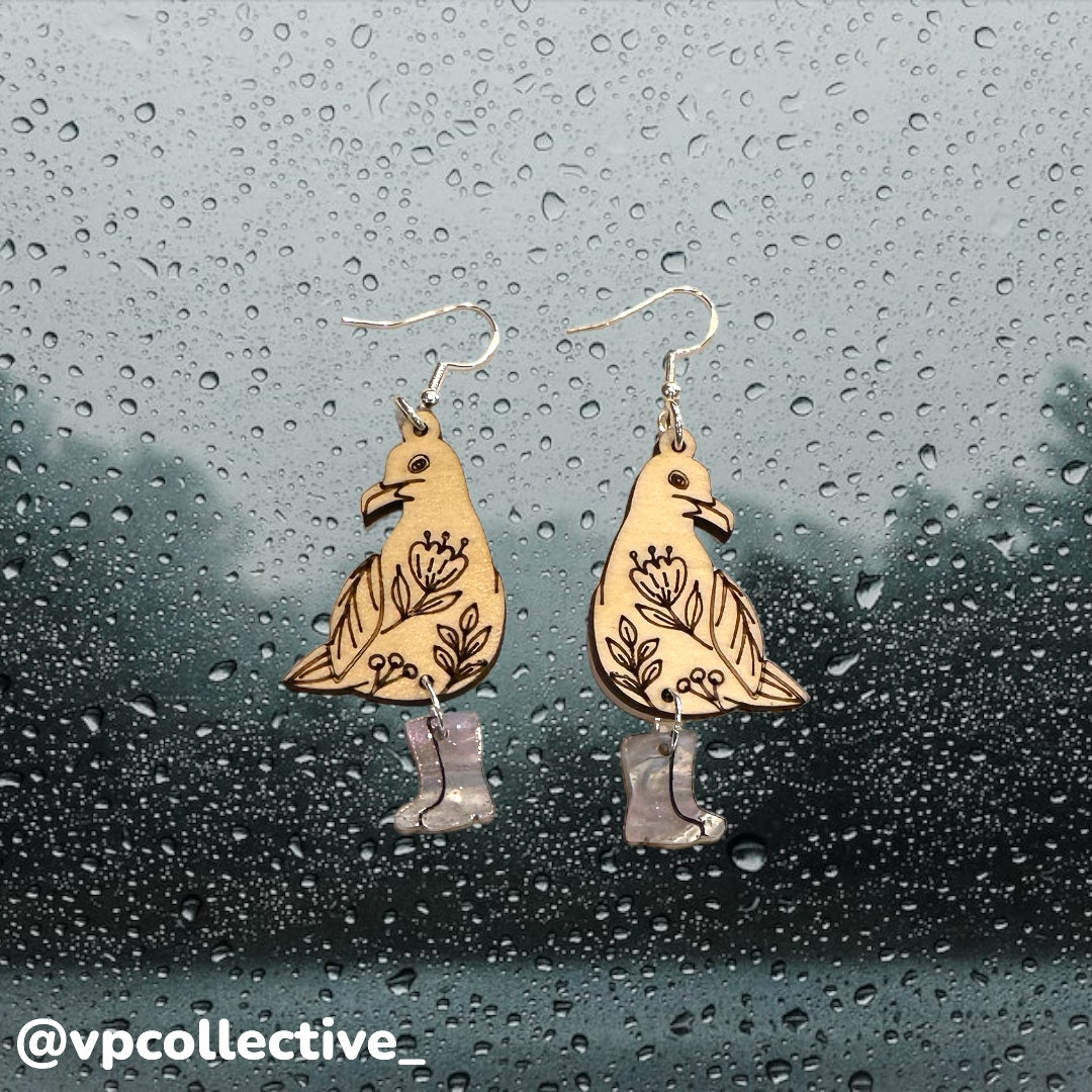 Floral Seagull in Rain Boots Earrings - Celestial