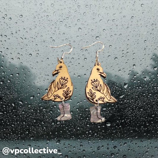 Floral Seagull in Rain Boots Earrings - Celestial