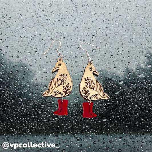 Floral Seagull in Rain Boots Earrings - Red