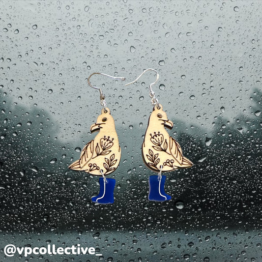 Floral Seagull in Rain Boots Earrings - Dark Blue
