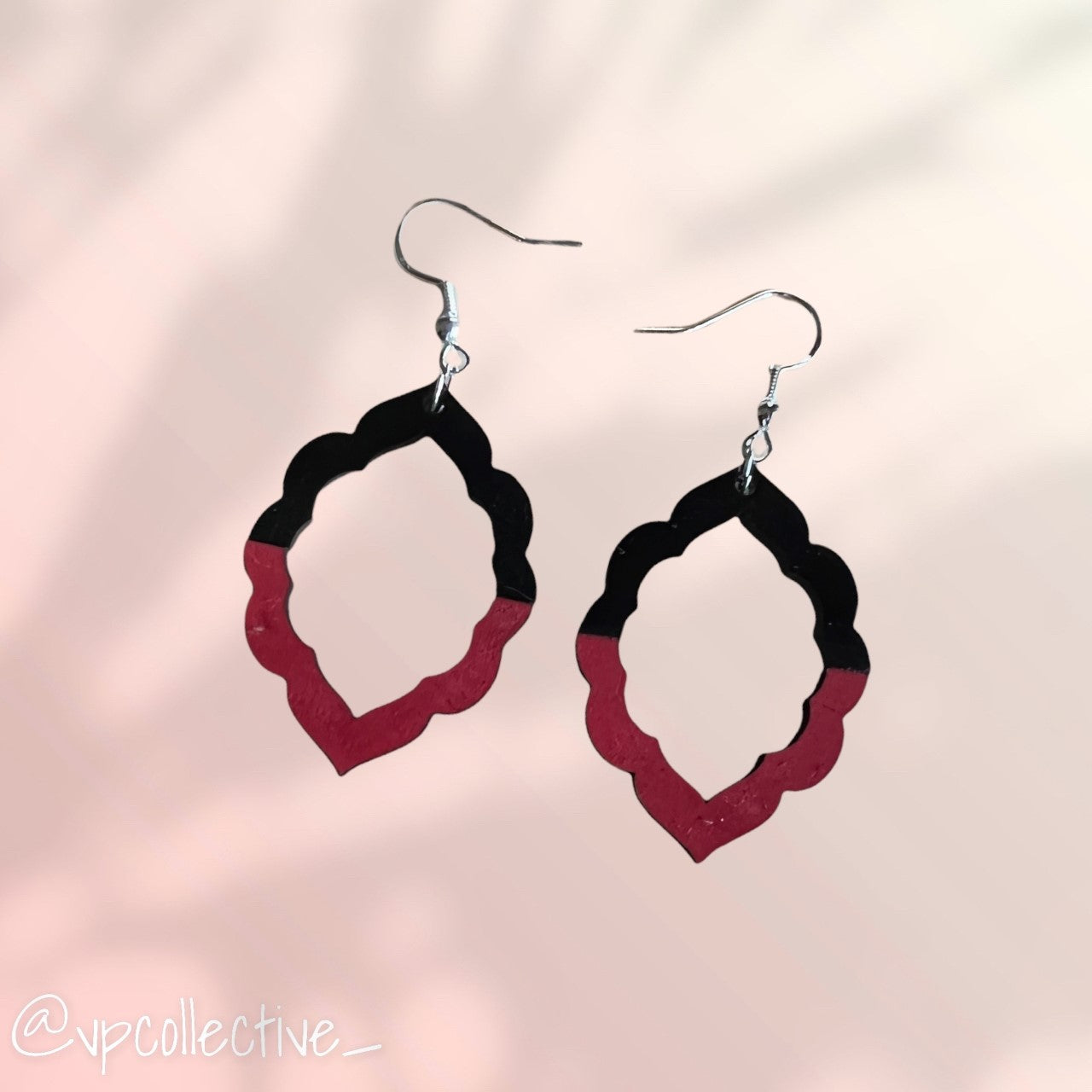 Black Acrylic & Red Painted Wood Scallop Earrings