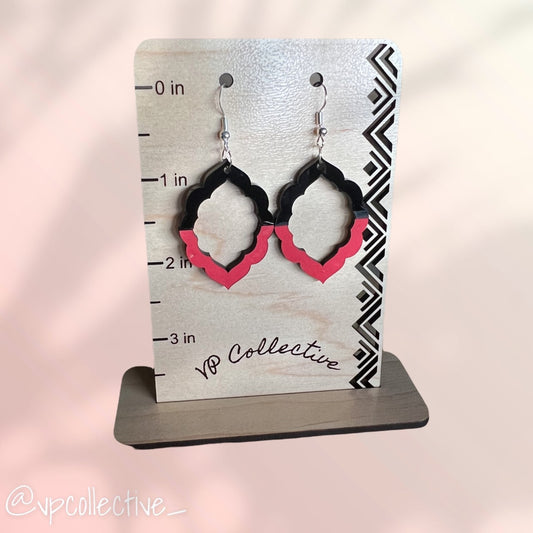 Black Acrylic & Red Painted Wood Scallop Earrings